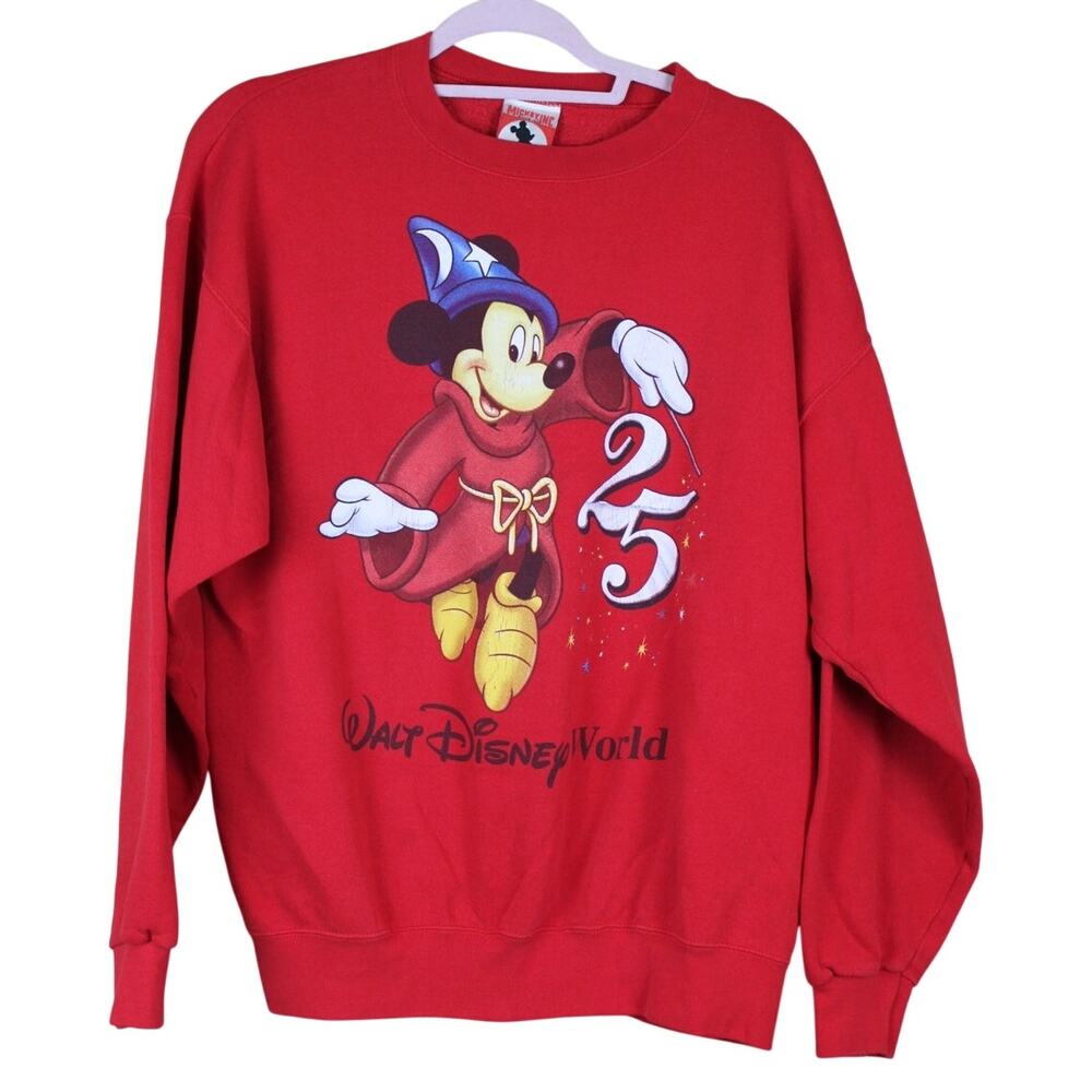 Vtg 90s Walt Disney World Red Wizard Mickey 25th Casual Collectible Sweatshirt